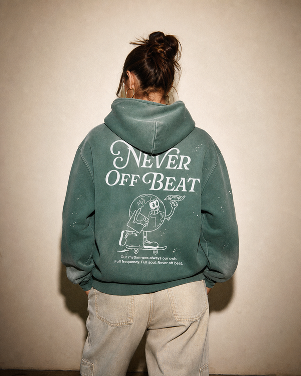 Never Off Beat Frayed Fleece Hoodie — Retro Green