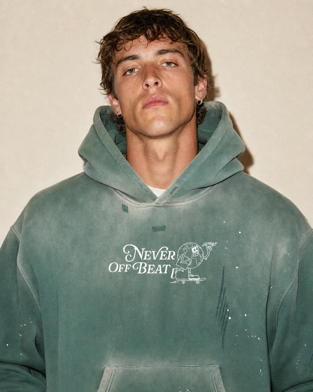 Never Off Beat Frayed Fleece Hoodie — Retro Green