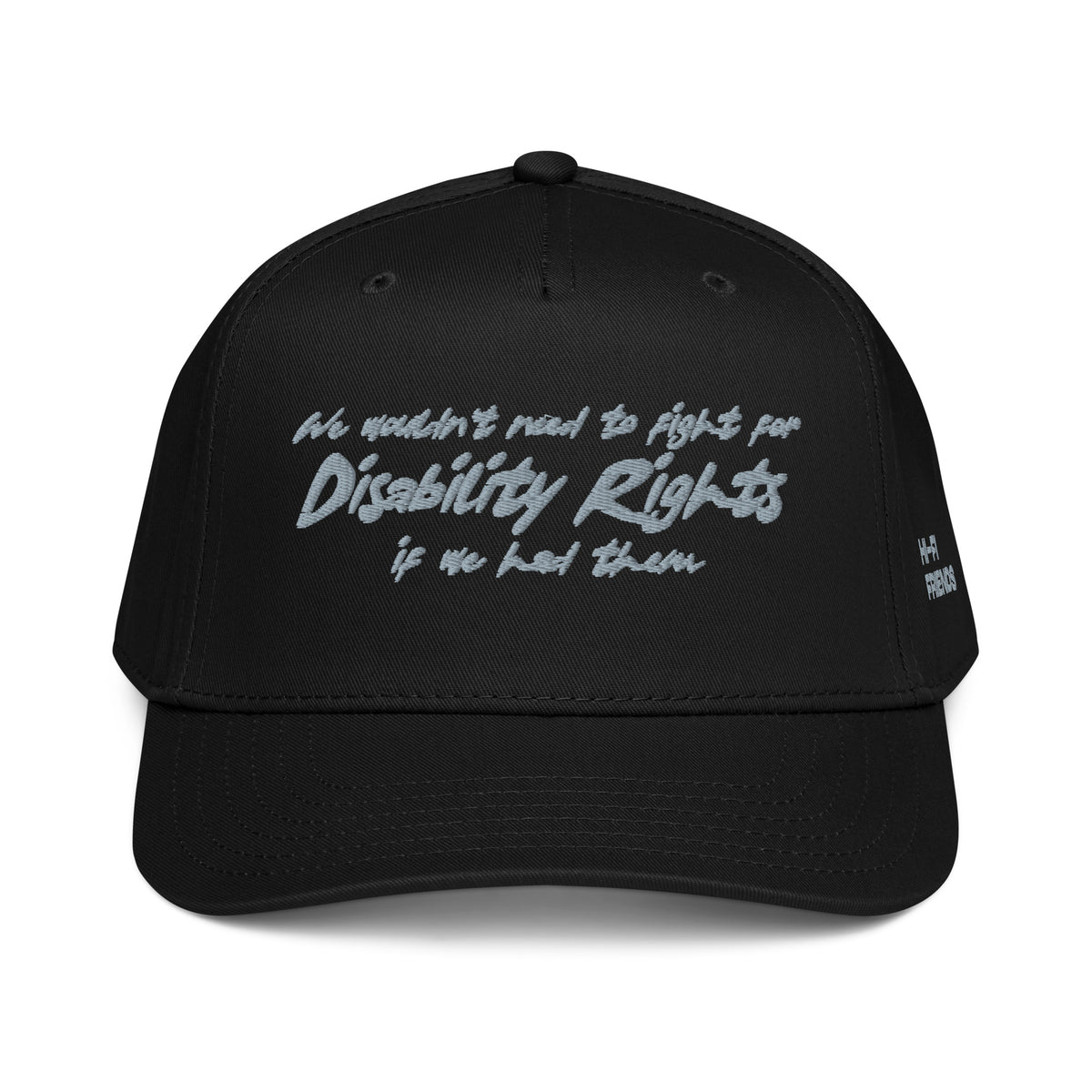 Disability Rights design embroidered on a high-profile snapback hat.