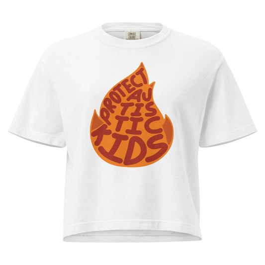 Women’s Protect Autistic Kids heavyweight boxy tee in a structured mid-length fit.