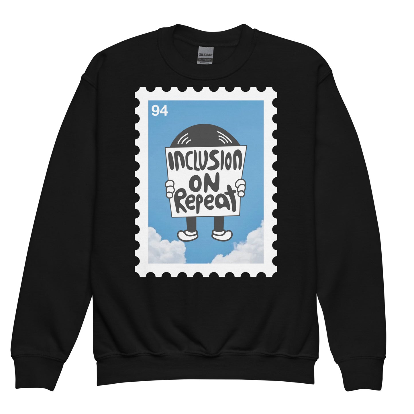 "Inclusion on Repeat" youth black crewneck sweater featuring the rhythmic white typography.