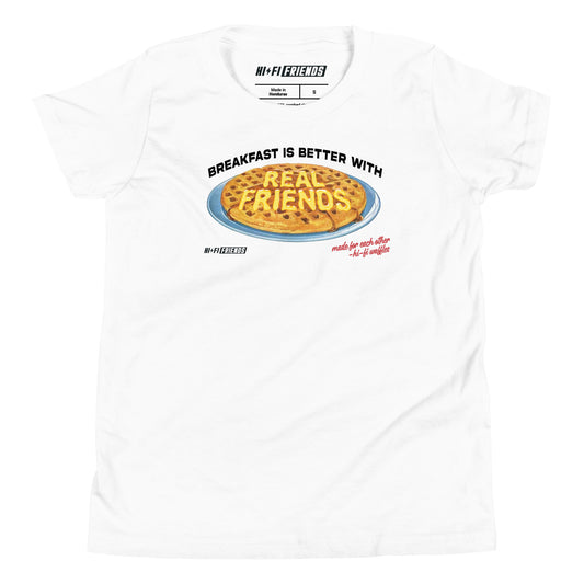 "Better Breakfast with Real Friends" youth t-shirt featuring a high-fidelity, playful breakfast graphic and clean, modern typography.