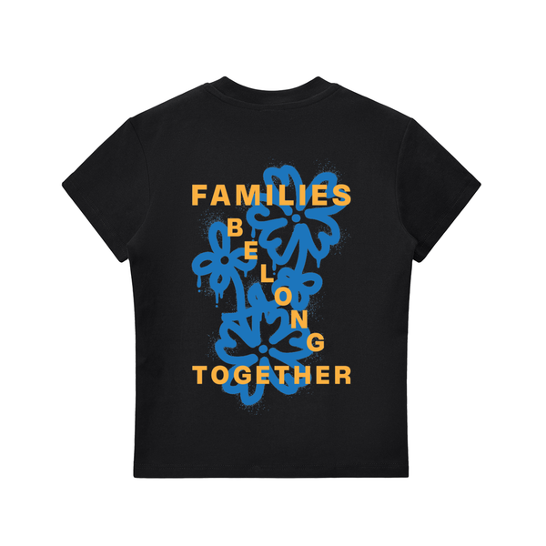 Families Belong Together design on a women's essential tee.