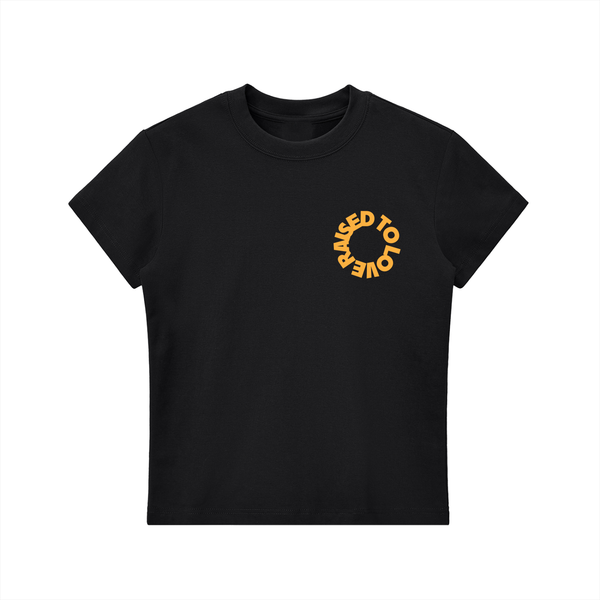 Raised To Love design on a women's essential tee.