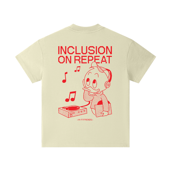Inclusion On Repeat (Huey) design on a youth tee.