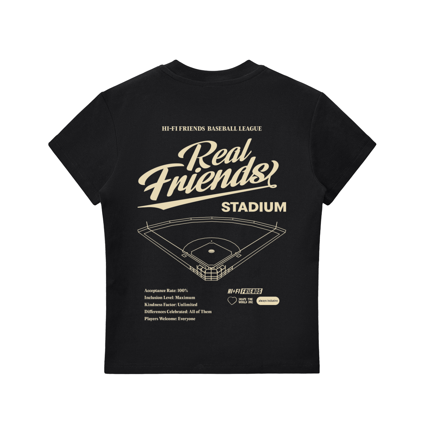 Real Friends Stadium design on a women's essential tee.