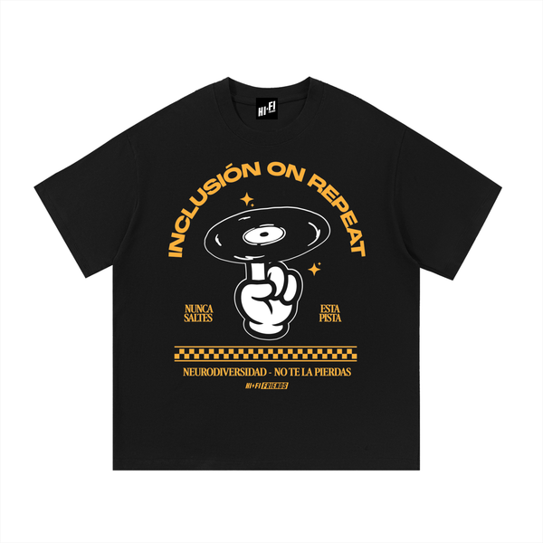 Inclusión On Repeat design on a unisex tee.