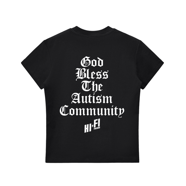 God Bless The Autism Community design on a women's essential tee.