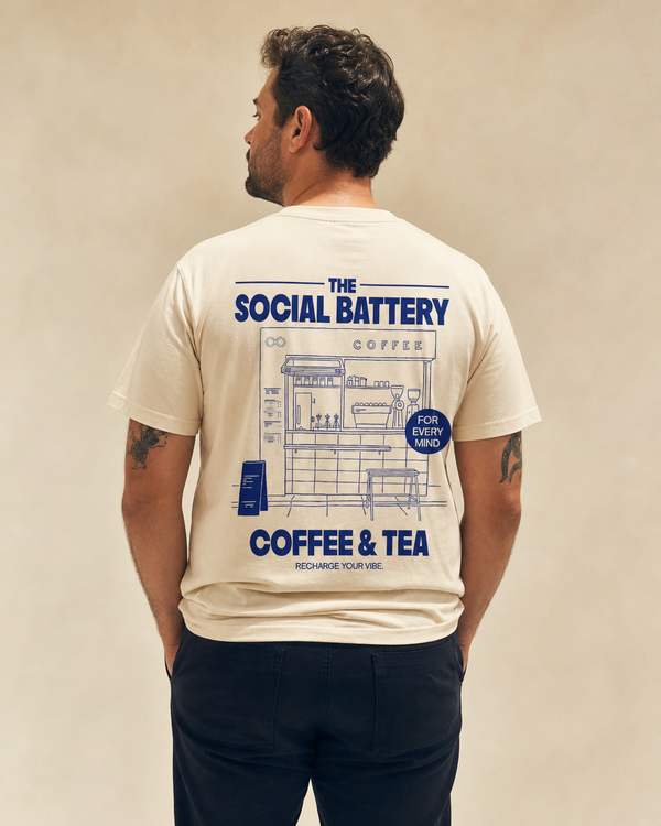 Social Battery design on a unisex tee.