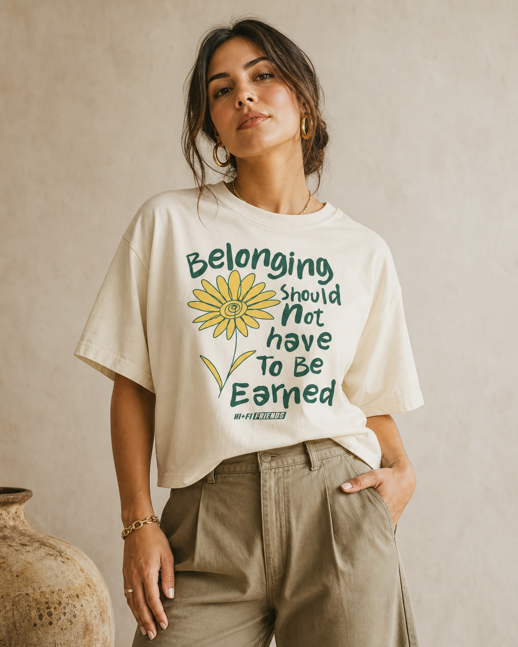 Belonging Should Not Have To Be Earned design on a women's seamless boxy tee.
