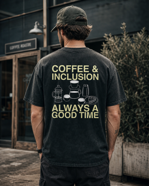 Coffee and Inclusion design on an oversized tee.