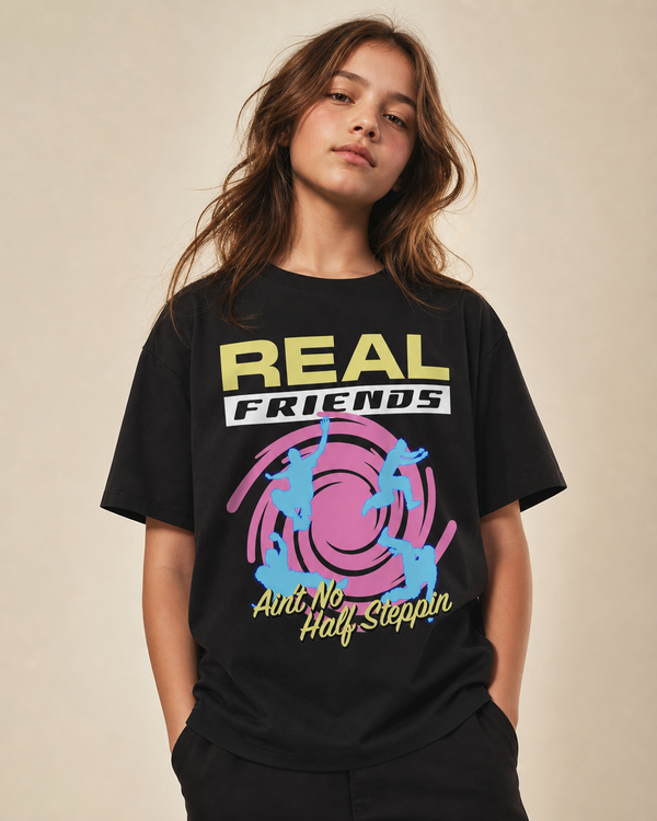 Real Friends Ain't No Half Steppin' design on a youth tee.