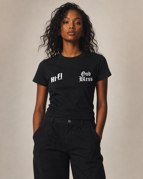 God Bless The Autism Community design on a women's essential tee.
