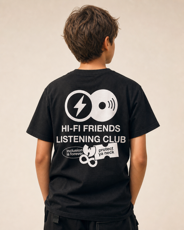 Hi-Fi Friends Listening Club design on a youth tee.