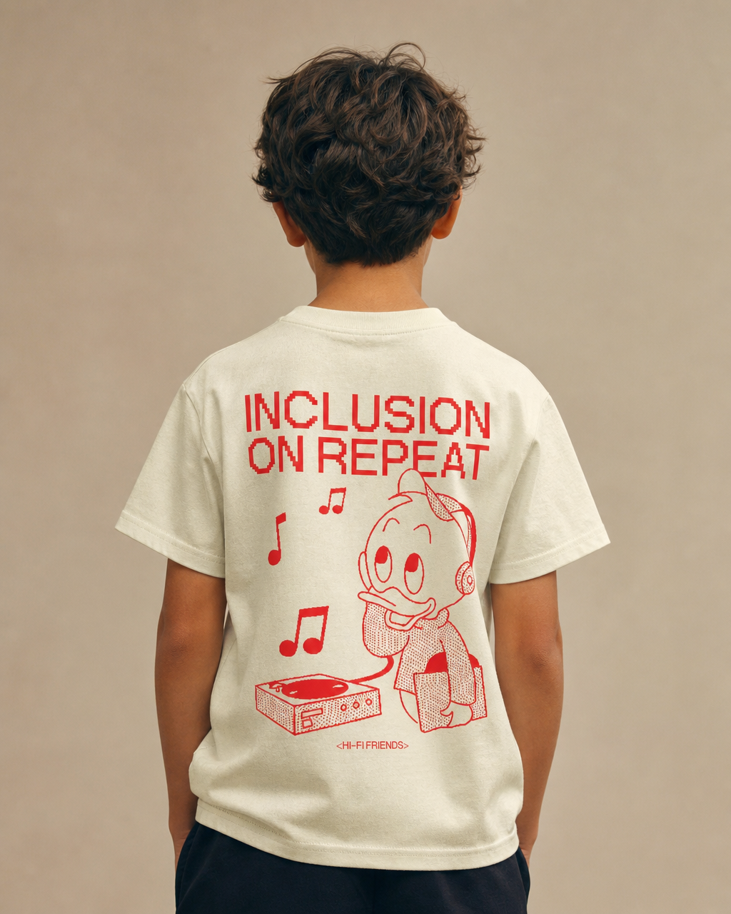 Inclusion On Repeat (Huey) design on a youth tee.