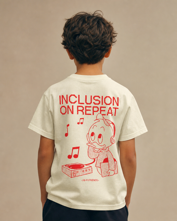 Inclusion On Repeat (Huey) design on a youth tee.