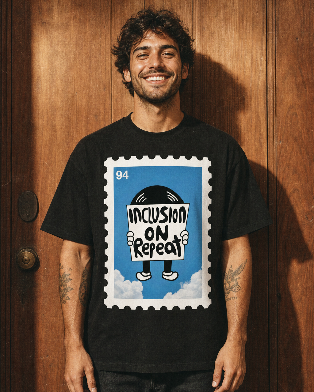 Inclusion On Repeat (Stamp) design on a unisex tee.