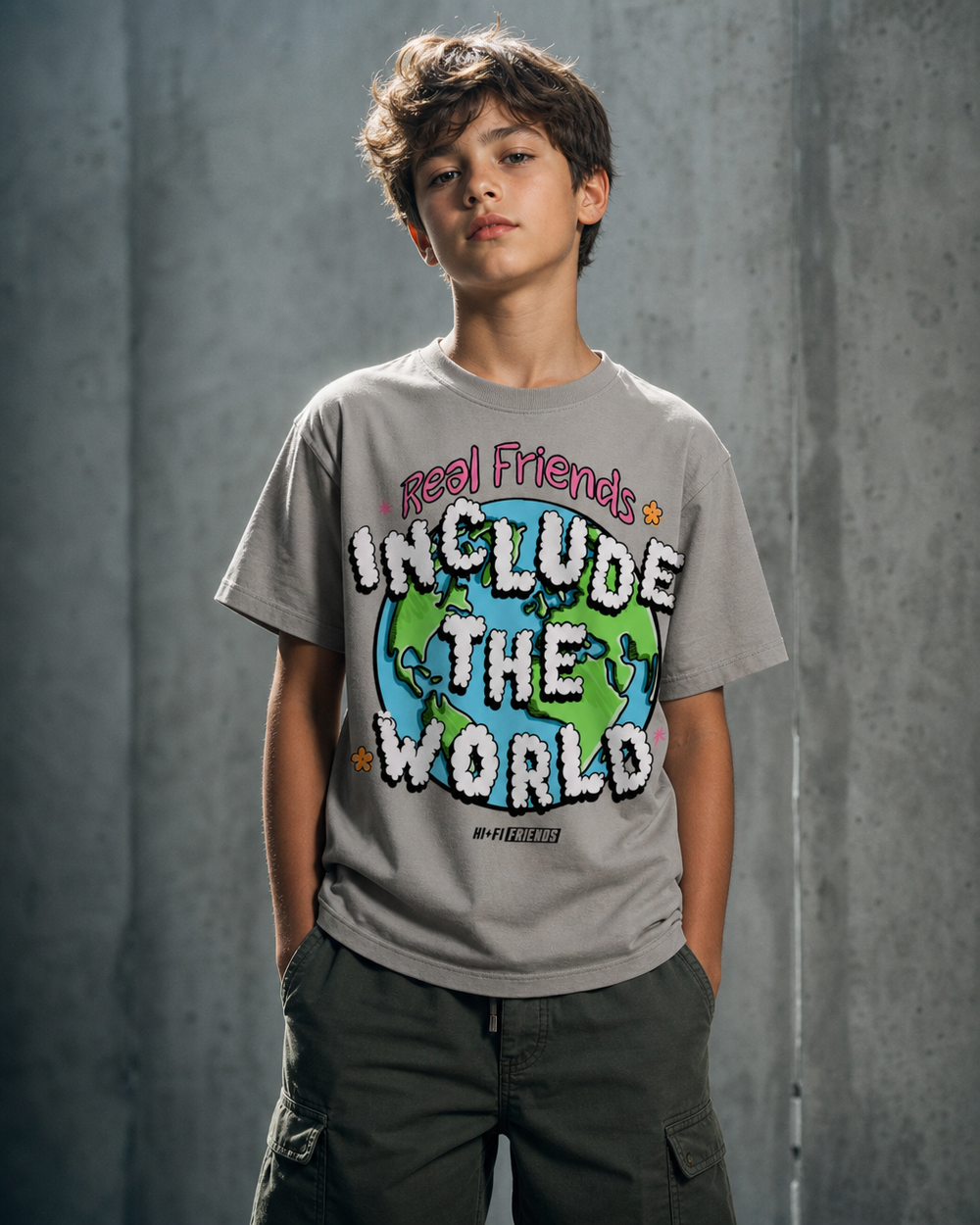 Real Friends Include The World design on a youth tee.