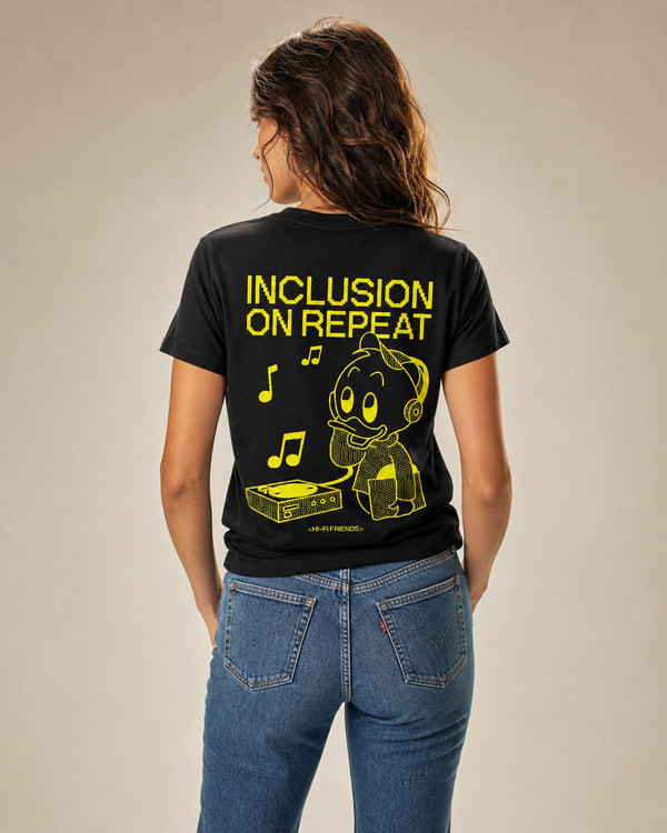Inclusion On Repeat (Huey) design on a women's essential tee.
