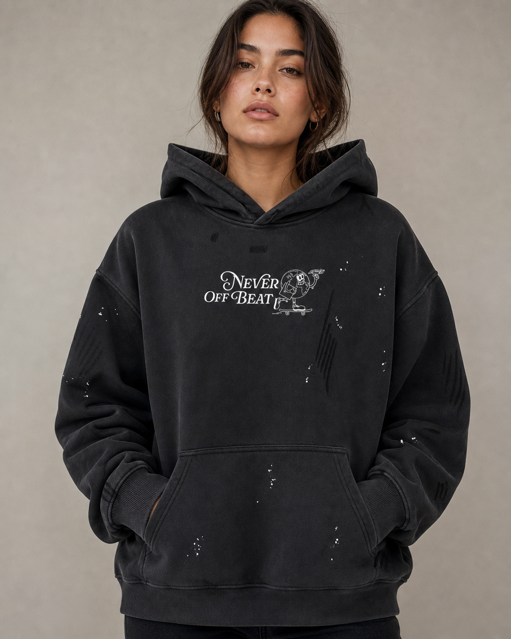 Never Off Beat Frayed Fleece Hoodie — Black