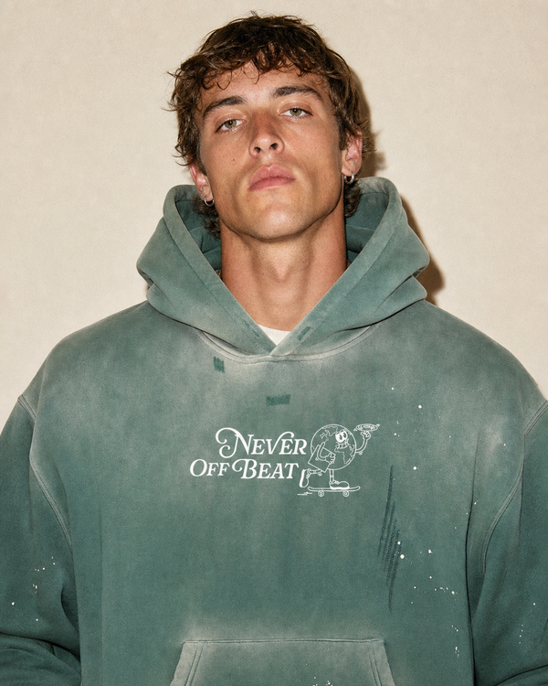 Never Off Beat Frayed Fleece Hoodie — Retro Green