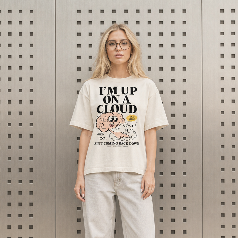 Up on a Cloud design on a women's seamless boxy tee.