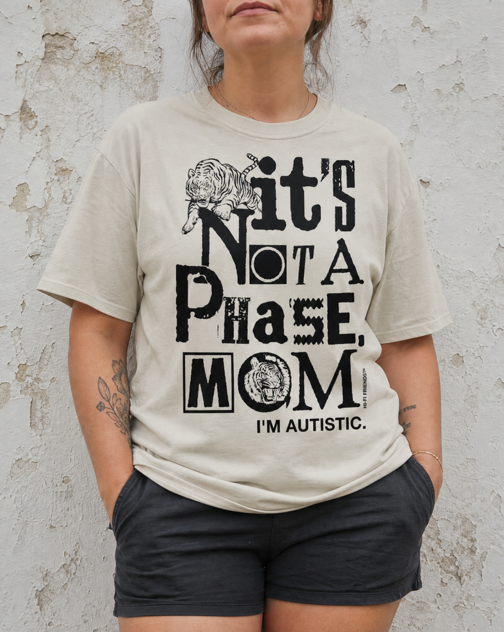 Apricot, It's Not A Phase Mom tee, ransom-note text reading I'm autistic