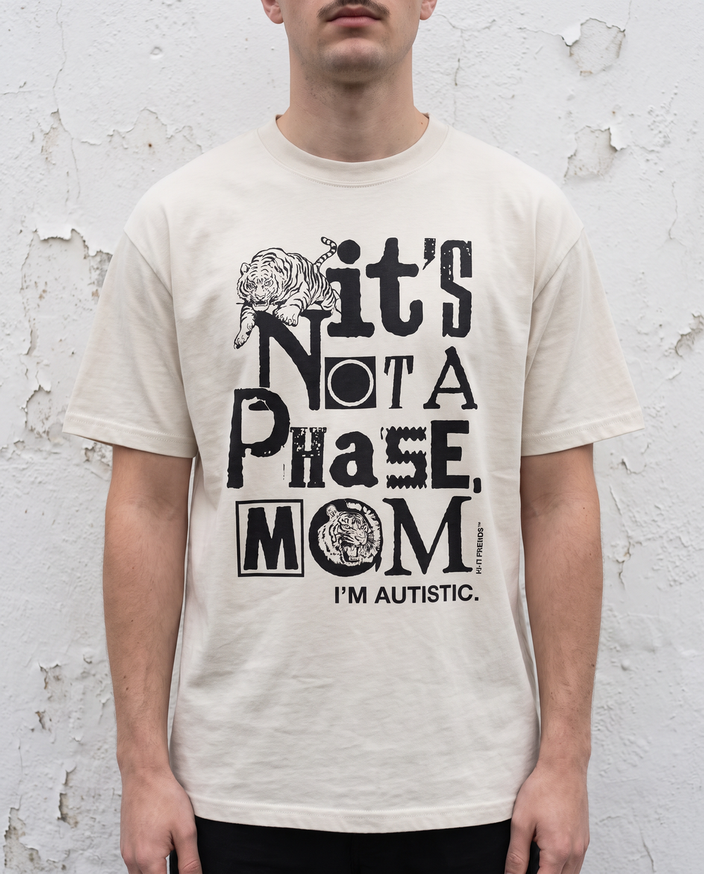Apricot, It's Not A Phase Mom tee, ransom-note text reading I'm autistic