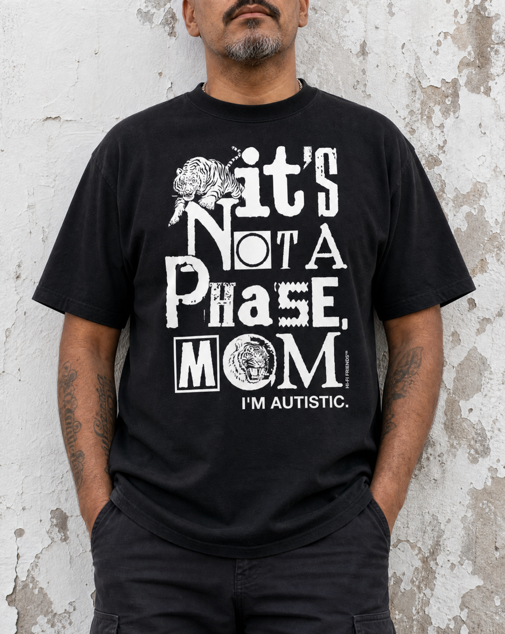 Black, It's Not A Phase Mom tee, ransom-note text reading I'm autistic