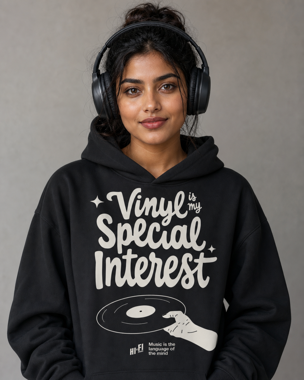 Vinyl is My Special Interest design on a heavyweight hoodie.