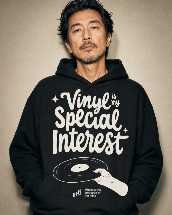 Vinyl is My Special Interest design on a heavyweight hoodie.