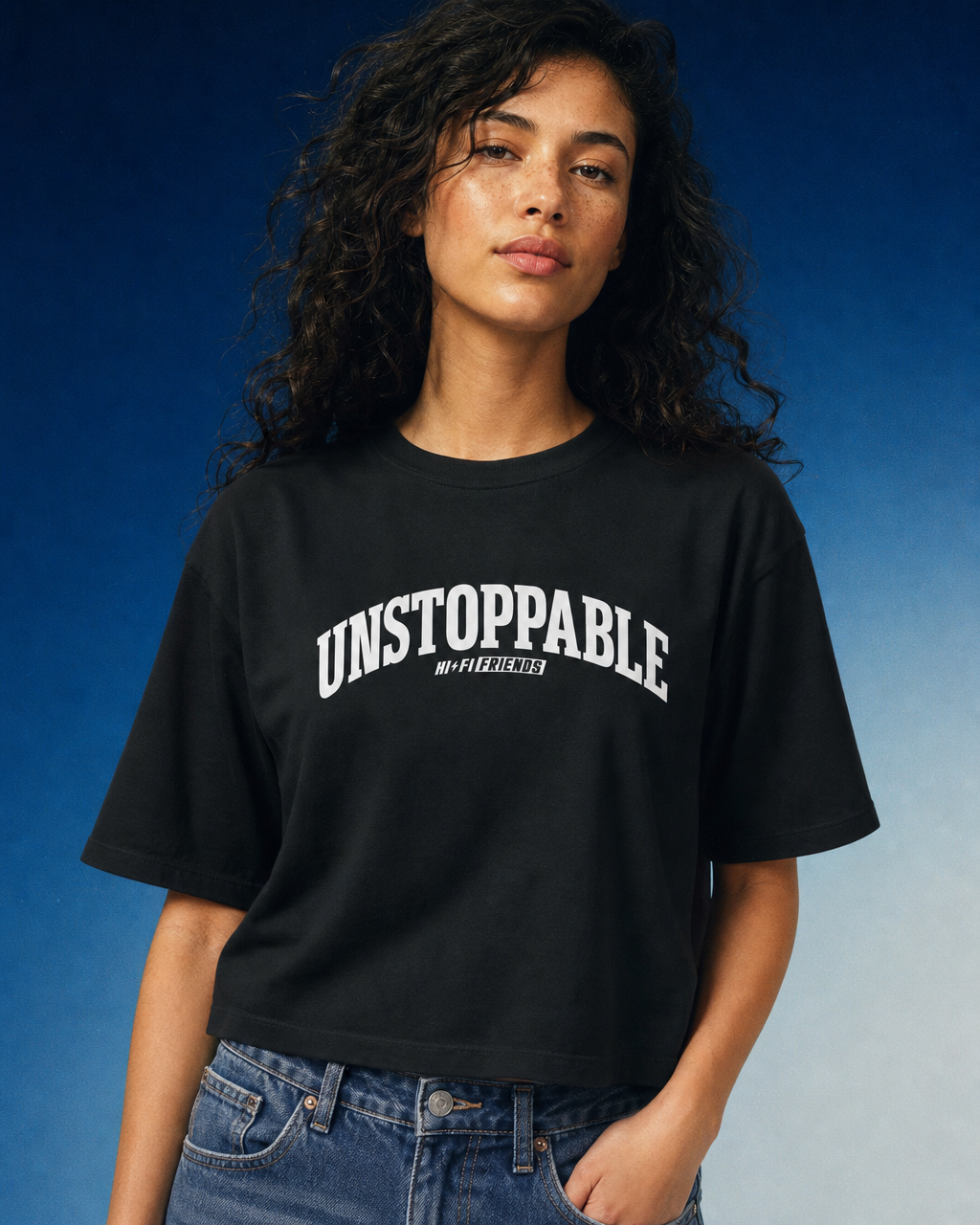 Unstoppable design on a women's seamless boxy tee.