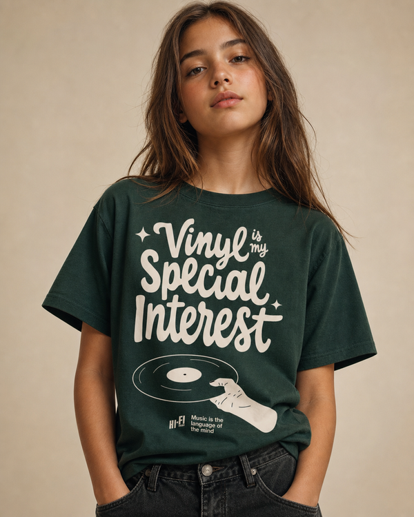Vinyl is My Special Interest design on a youth tee.