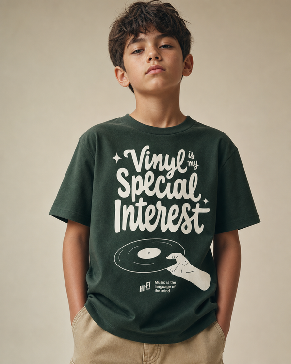 Vinyl is My Special Interest design on a youth tee.