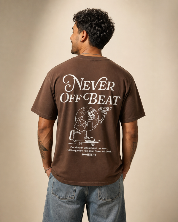 Never Off Beat design on a unisex heavyweight tee.