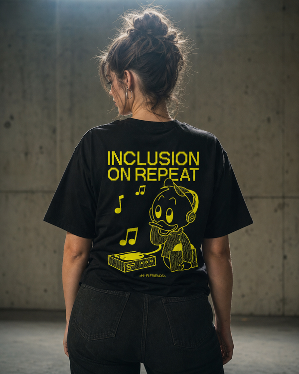 Inclusion On Repeat (Huey) design on a unisex tee.
