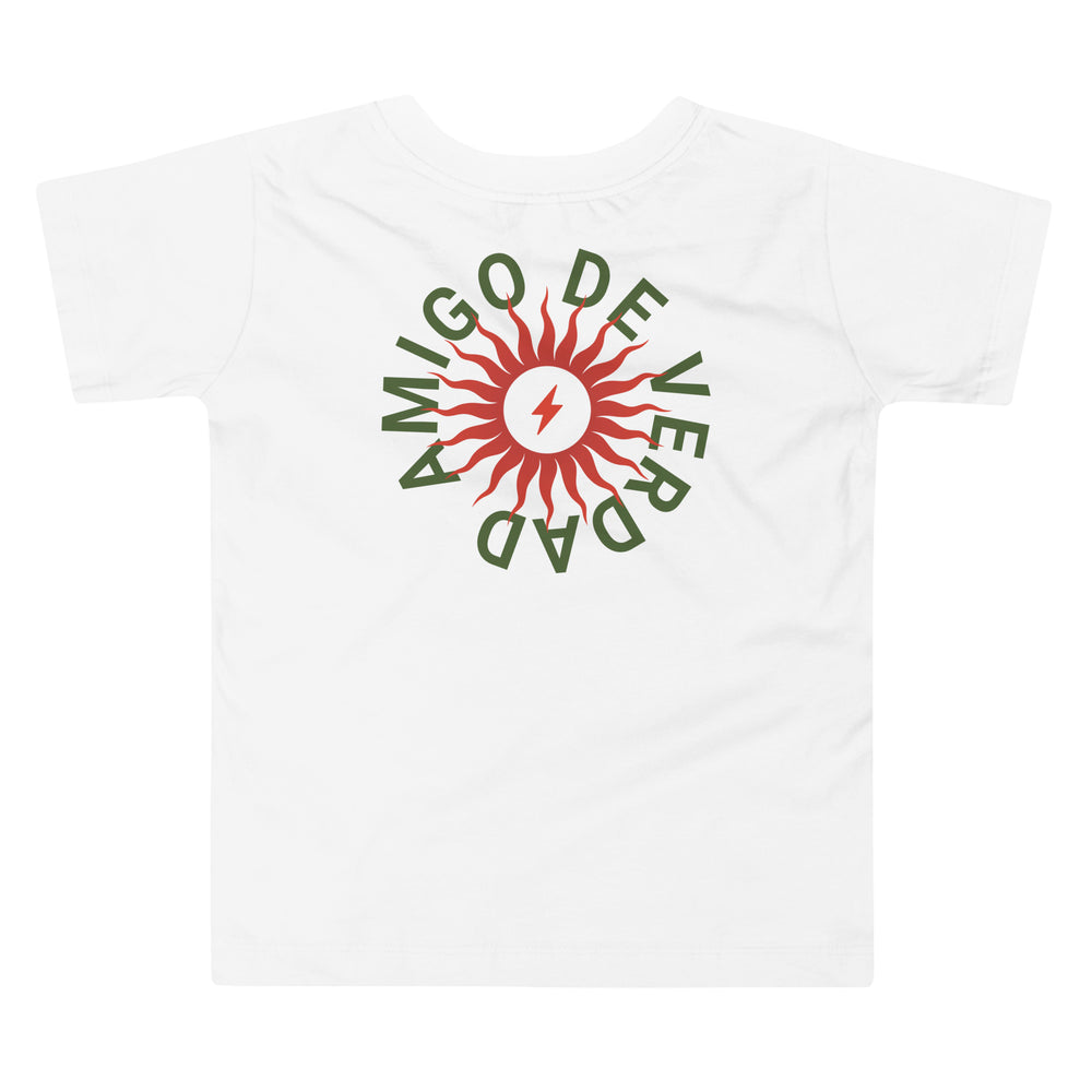 Amigo De Verdad design on a tagless, sensory-friendly toddler tee.