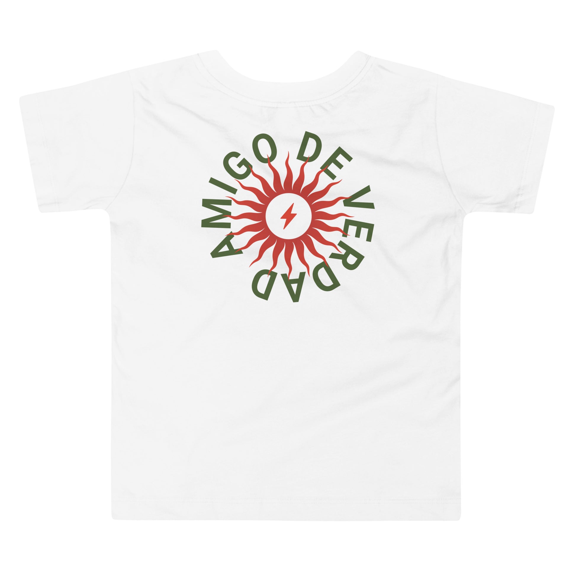 Amigo De Verdad design on a tagless, sensory-friendly toddler tee.