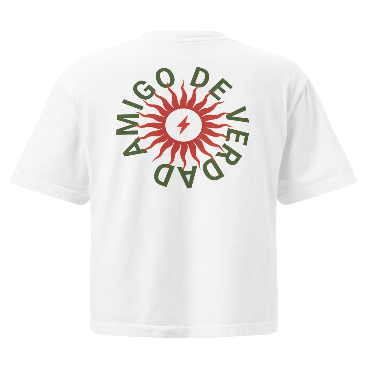 Amigo De Verdad design on a women's seamless boxy tee.