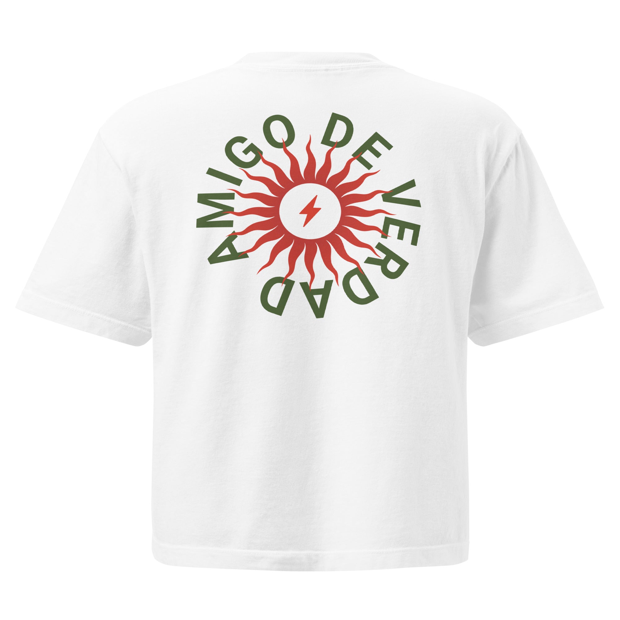 Amigo De Verdad design on a women's seamless boxy tee.