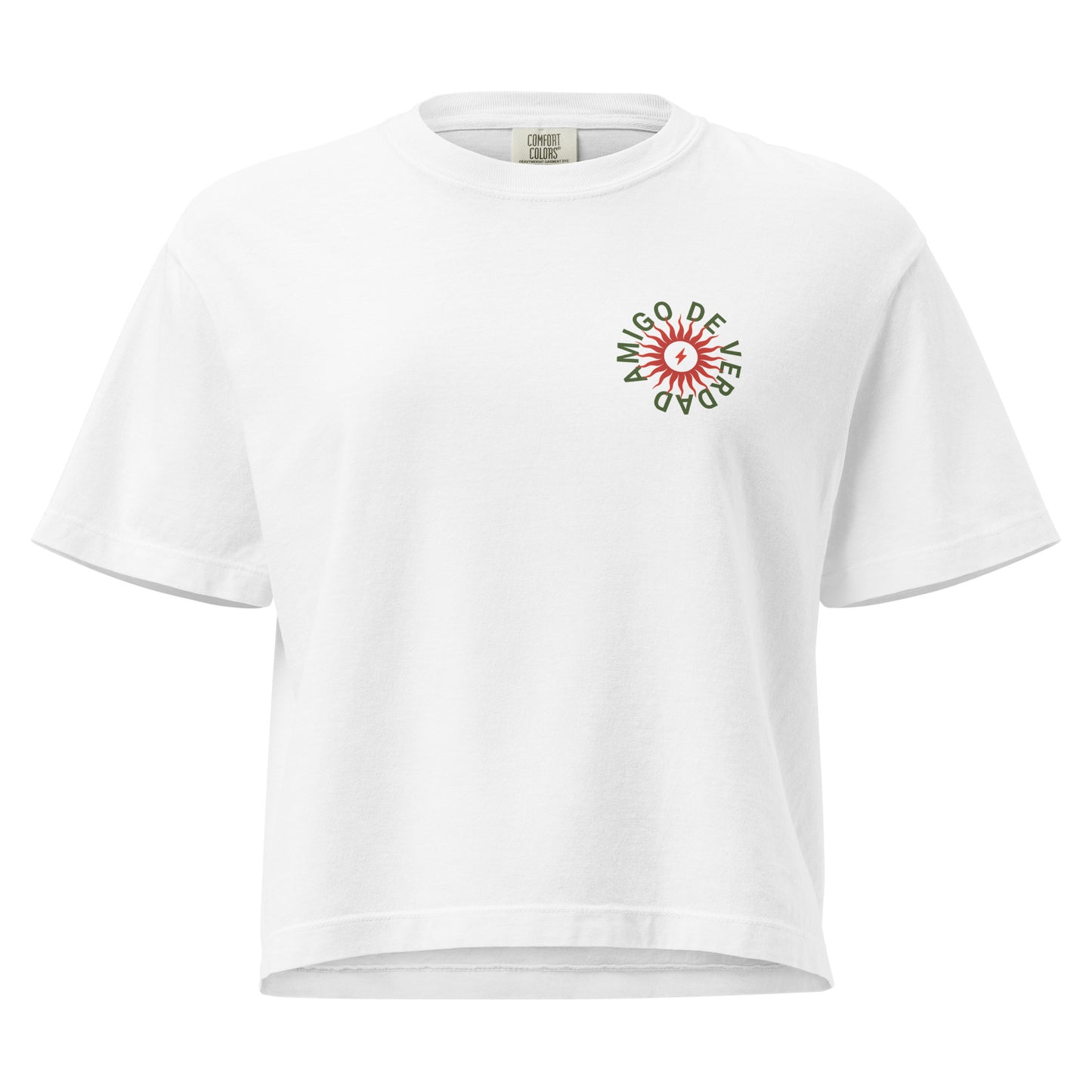Amigo De Verdad design on a women's seamless boxy tee.