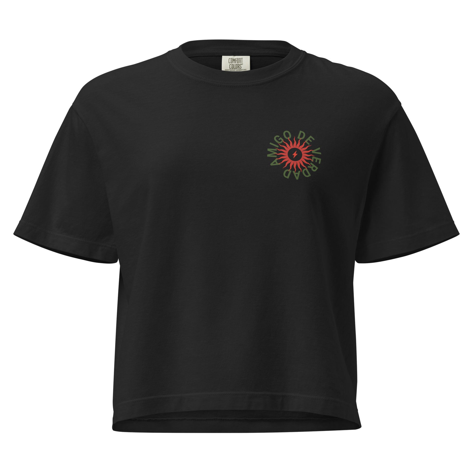 Amigo De Verdad design on a women's seamless boxy tee.