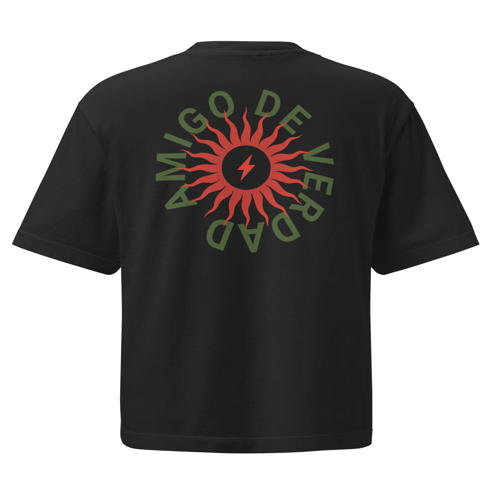 Amigo De Verdad design on a women's seamless boxy tee.