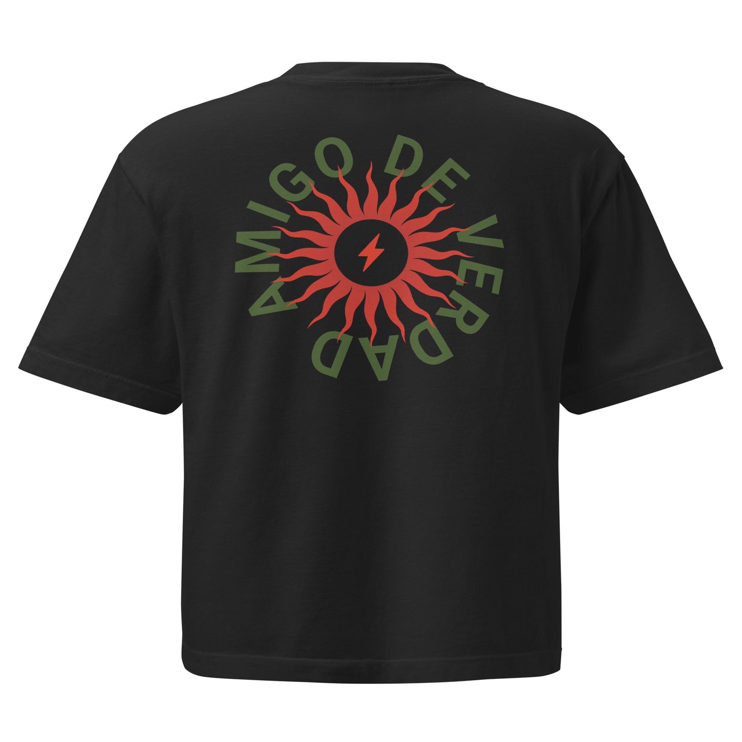 Amigo De Verdad design on a women's seamless boxy tee.