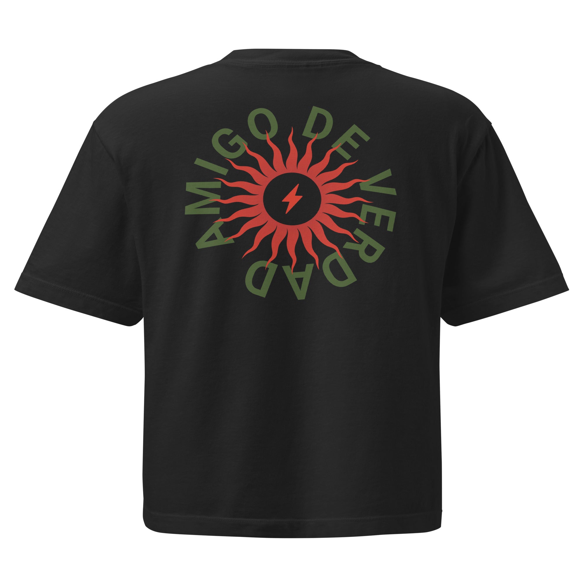 Amigo De Verdad design on a women's seamless boxy tee.
