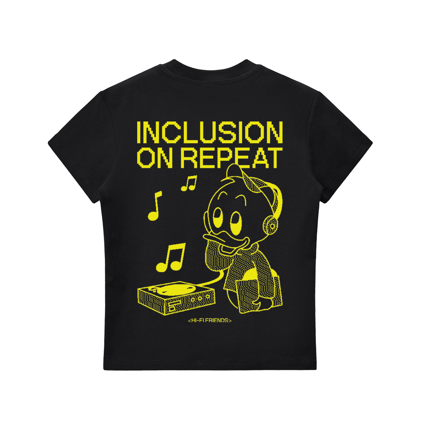 Inclusion On Repeat (Huey) design on a women's essential tee.