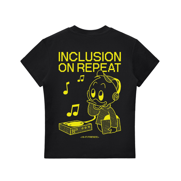 Inclusion On Repeat (Huey) design on a women's essential tee.