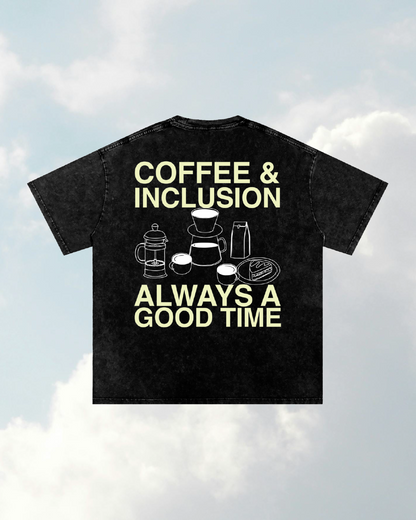 Coffee and Inclusion // Unisex Snow Washed Black Oversized Tee