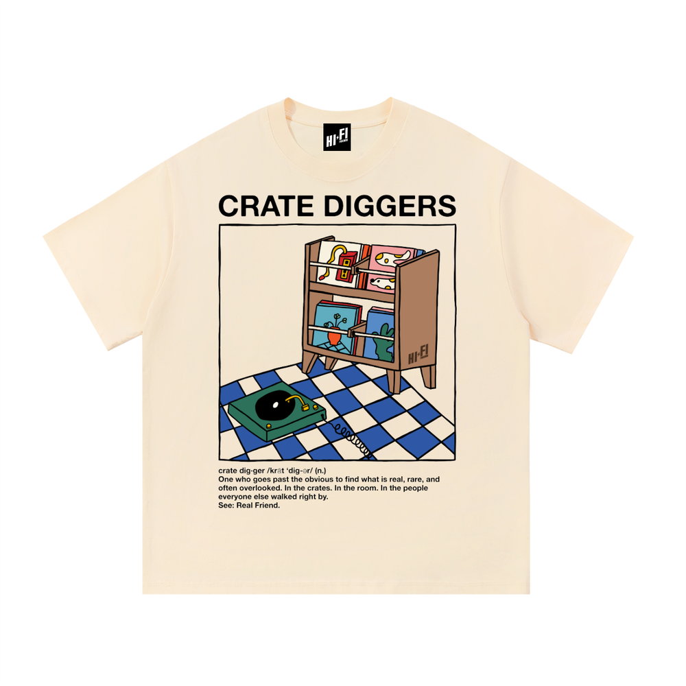 Crate Diggers design on a heavyweight adult unisex graphic tee.