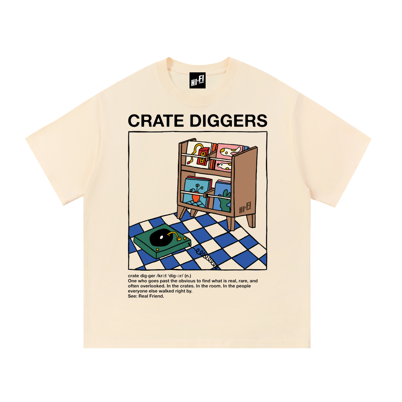 Crate Diggers design on a heavyweight adult unisex graphic tee.